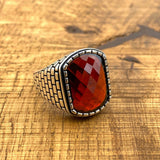 Men's Square Red Zircon Stone Silver Ring