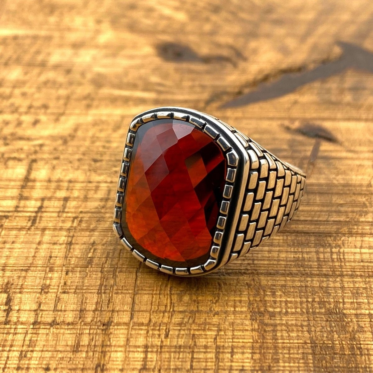 Men's Square Red Zircon Stone Silver Ring