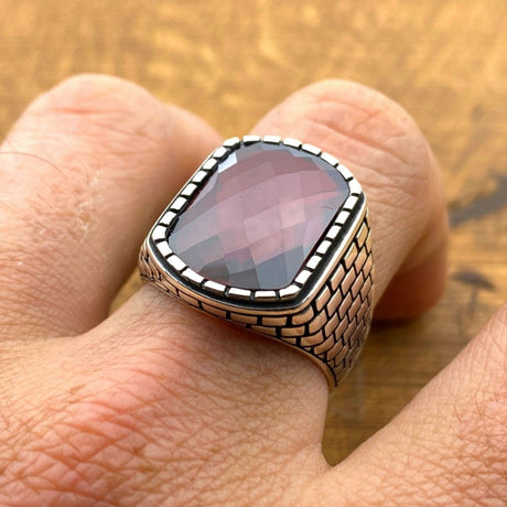 Men's Square Red Zircon Stone Silver Ring