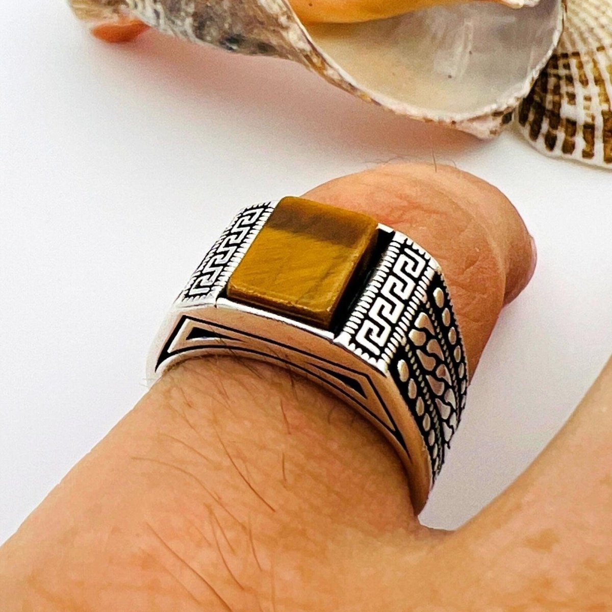 Men's Squared Tiger's Eye Stone Ring