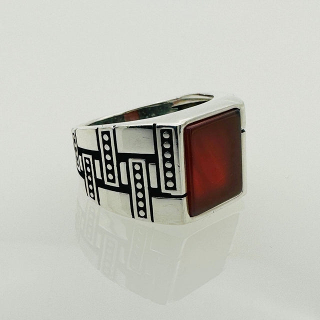 Men's Sterling Silver Red Agate Stone Ring