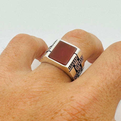 Men's Sterling Silver Red Agate Stone Ring