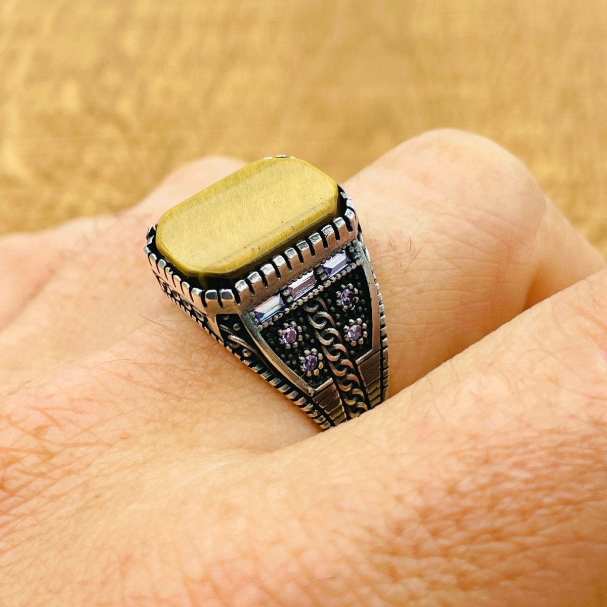 Men's Tiger's Eye Stone Square Ring