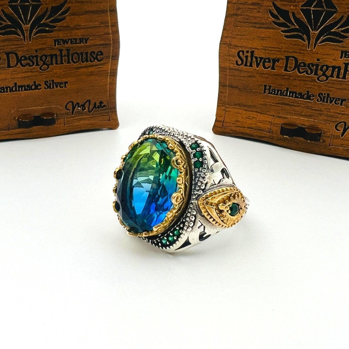 Men's Tourmaline Green / Blue Stone Silver Ring