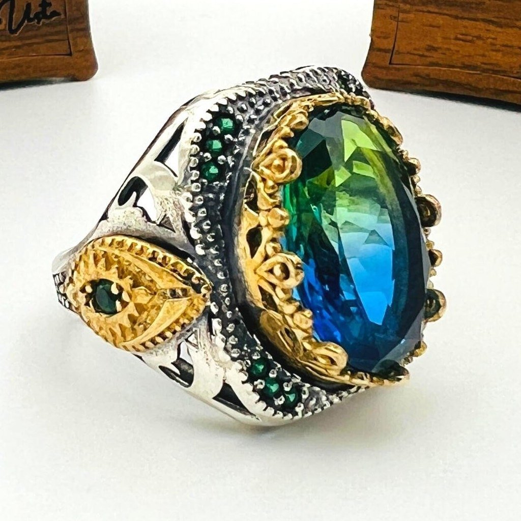 Men's Tourmaline Green / Blue Stone Silver Ring - TryAladdin