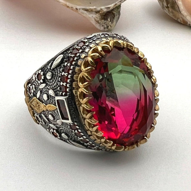 Men's Tourmaline Stone Silver Ring