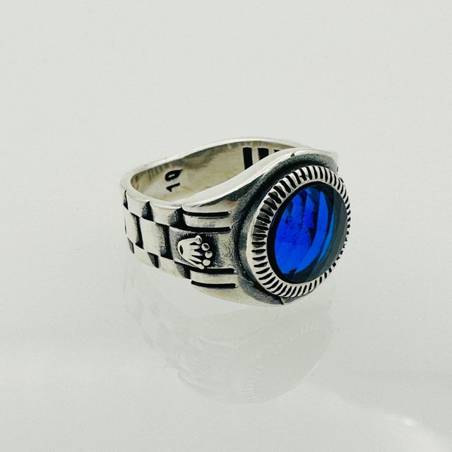 Men's Turkish Blue Sapphire Square Silver Ring