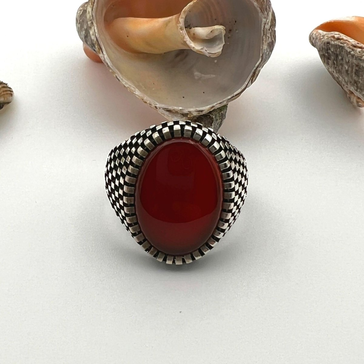 Men's Turkish Handcrafted 925 Sterling Silver Red Agate Stone Statement Ring - TryAladdin