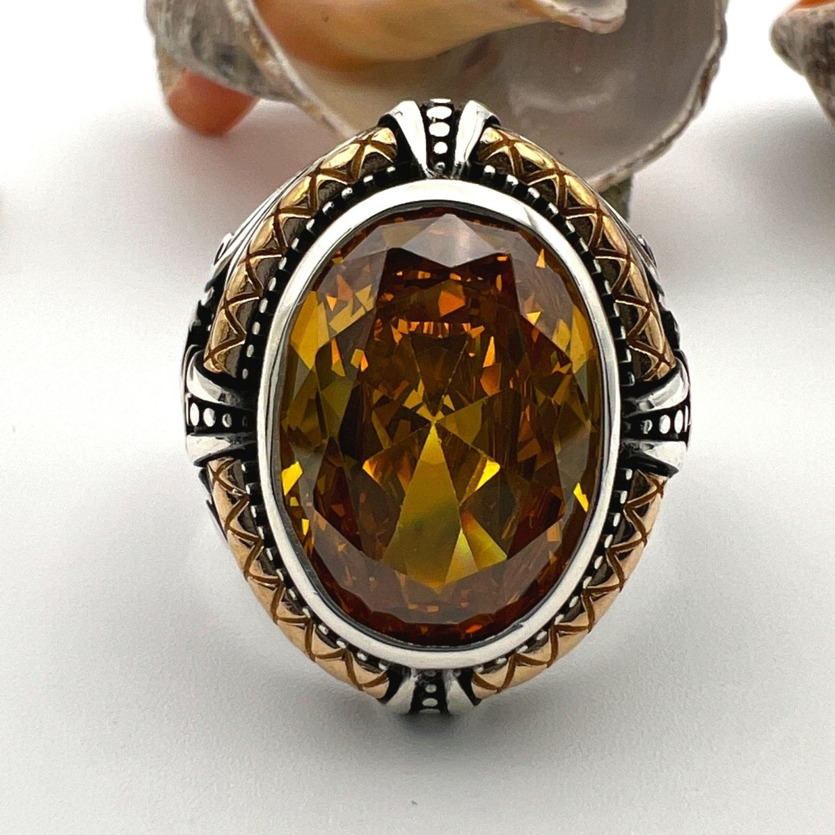 Men's Turkish Handmade 925 Sterling Silver Double Headed Eagle & Yellow Citrine Statement Ring - TryAladdin