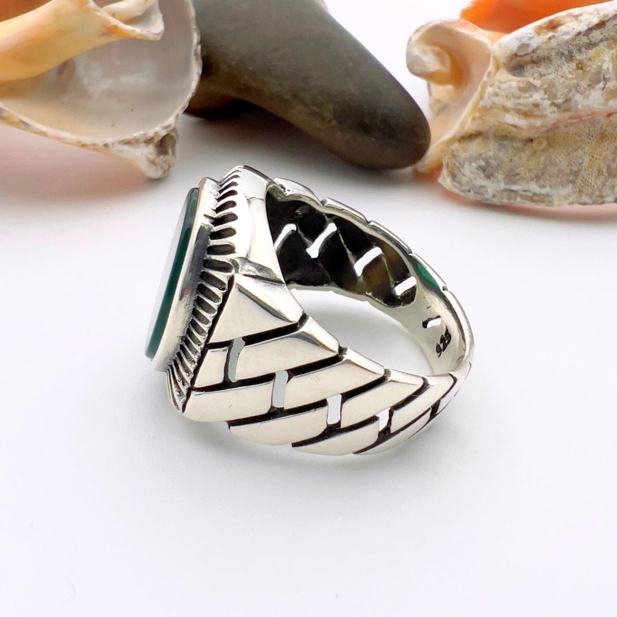 Men's Turkish Handmade 925 Sterling Silver Green Agate Statement Ring - Unique Gift for Him - TryAladdin