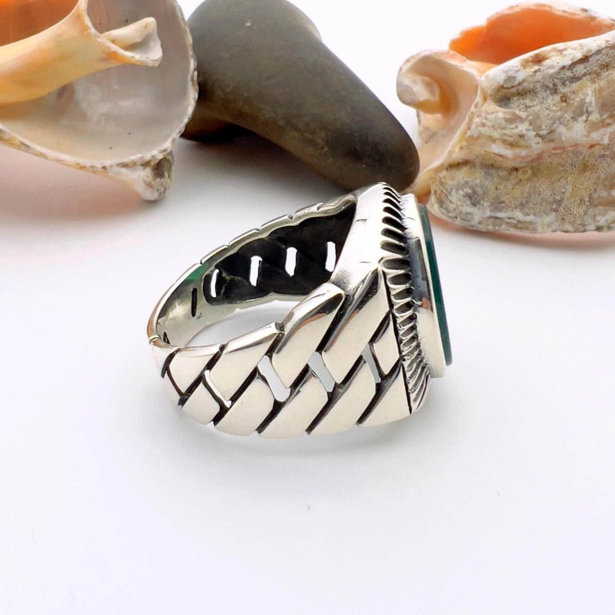 Men's Turkish Handmade 925 Sterling Silver Green Agate Statement Ring - Unique Gift for Him - TryAladdin