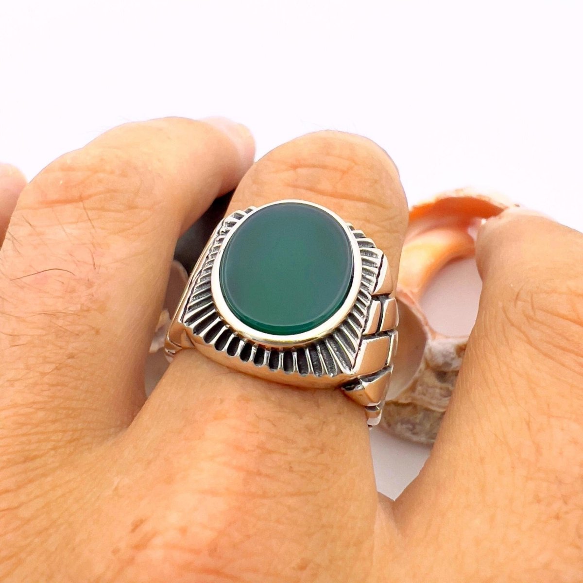 Men's Turkish Handmade 925 Sterling Silver Green Agate Statement Ring - Unique Gift for Him - TryAladdin