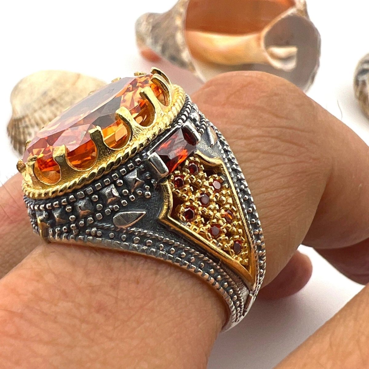 Men's Turkish Handmade 925 Sterling Silver Ring | Champagne Citrine Gemstone | Elegant Gift for Him - TryAladdin