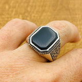 Men's Turkish Handmade 925 Sterling Silver Ring | Natural Black Onyx | Minimalist Square Design | Gift for Him - TryAladdin
