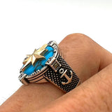 Men's Turkish Handmade 925 Sterling Silver Turquoise Compass & Anchor Ring | Nautical Theme Jewelry - TryAladdin