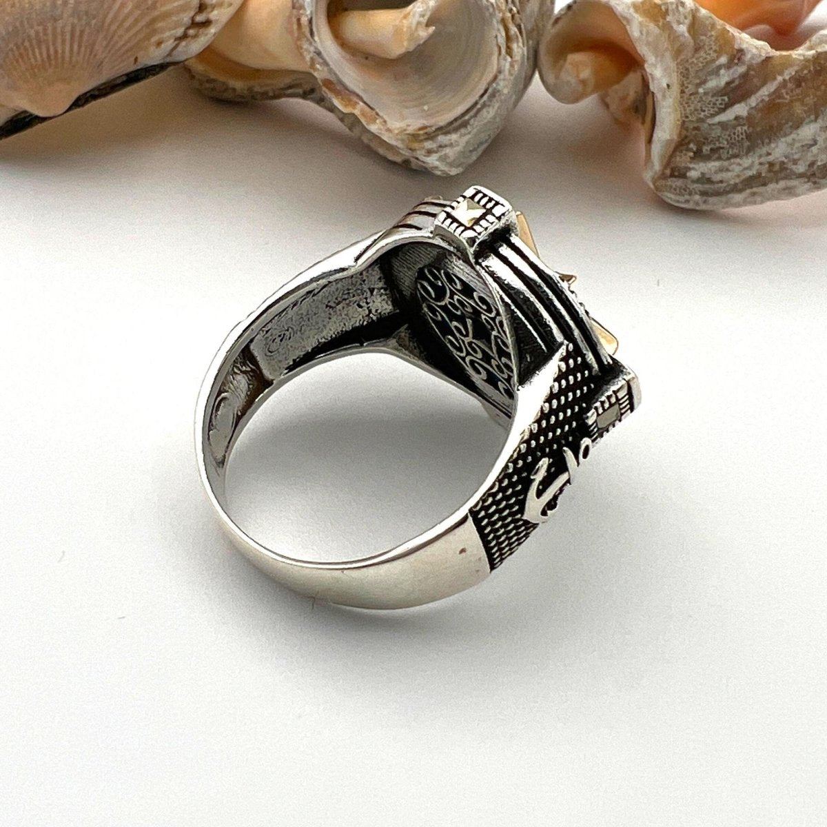 Men's Turkish Handmade 925 Sterling Silver Turquoise Compass & Anchor Ring | Nautical Theme Jewelry - TryAladdin