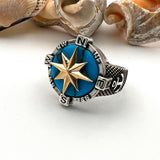 Men's Turkish Handmade 925 Sterling Silver Turquoise Compass & Anchor Ring | Nautical Theme Jewelry - TryAladdin