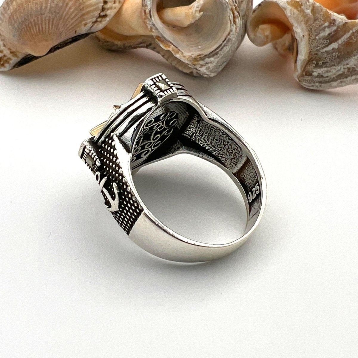 Men's Turkish Handmade 925 Sterling Silver Turquoise Compass & Anchor Ring | Nautical Theme Jewelry - TryAladdin