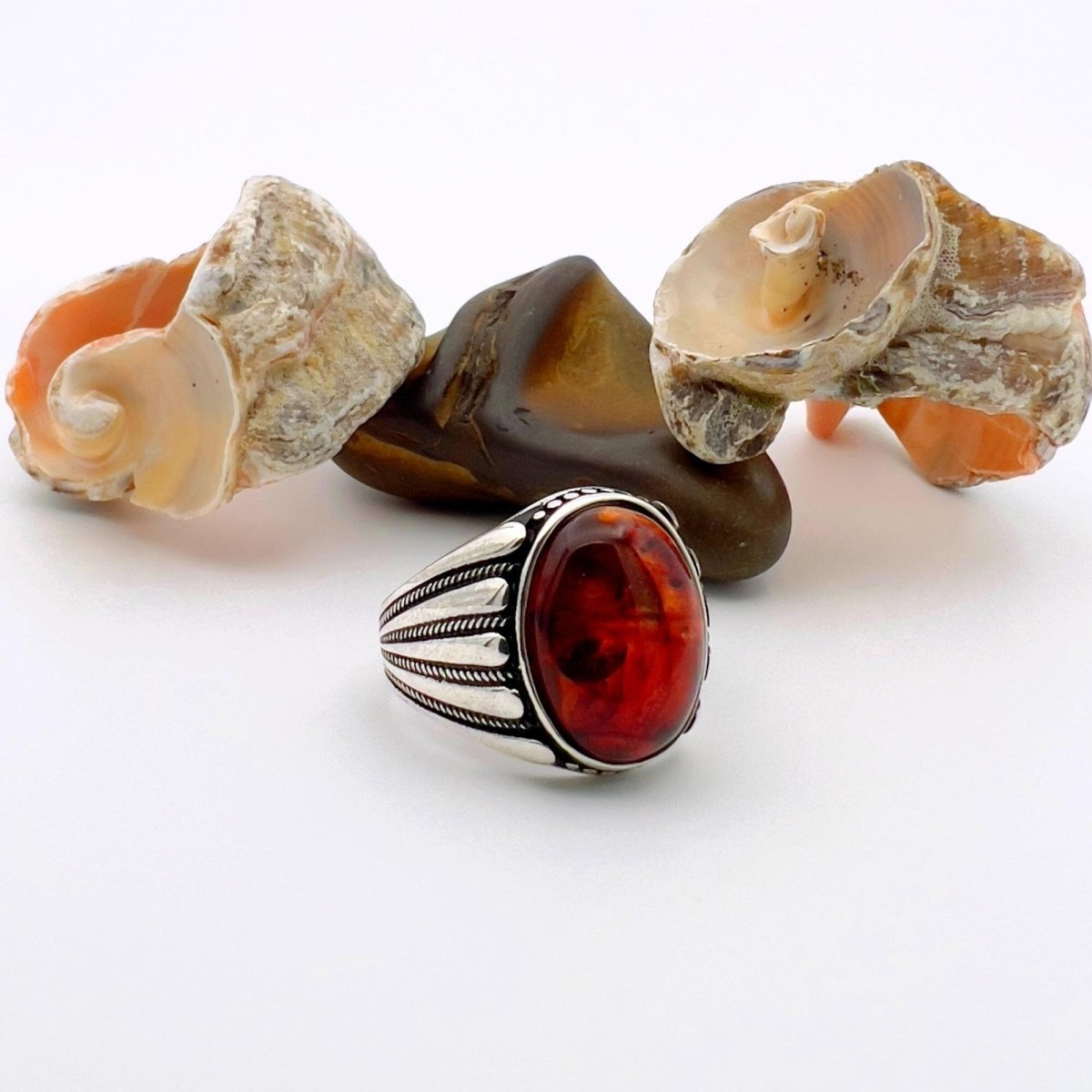 Men's Unique Handmade Turkish 925 Sterling Silver Red Amber Statement Ring - TryAladdin