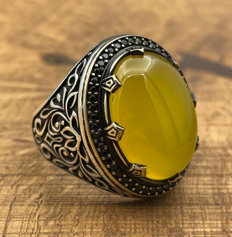 Men's Yellow Agate Stone Silver Ring