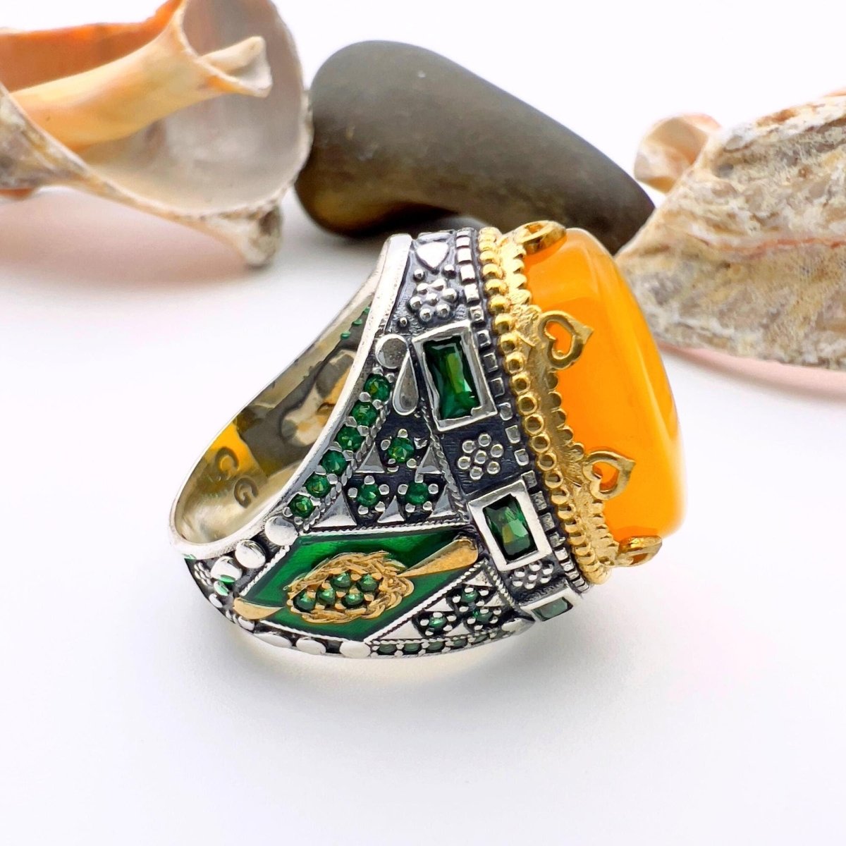 Men's Yellow Agate Stone Silver Ring