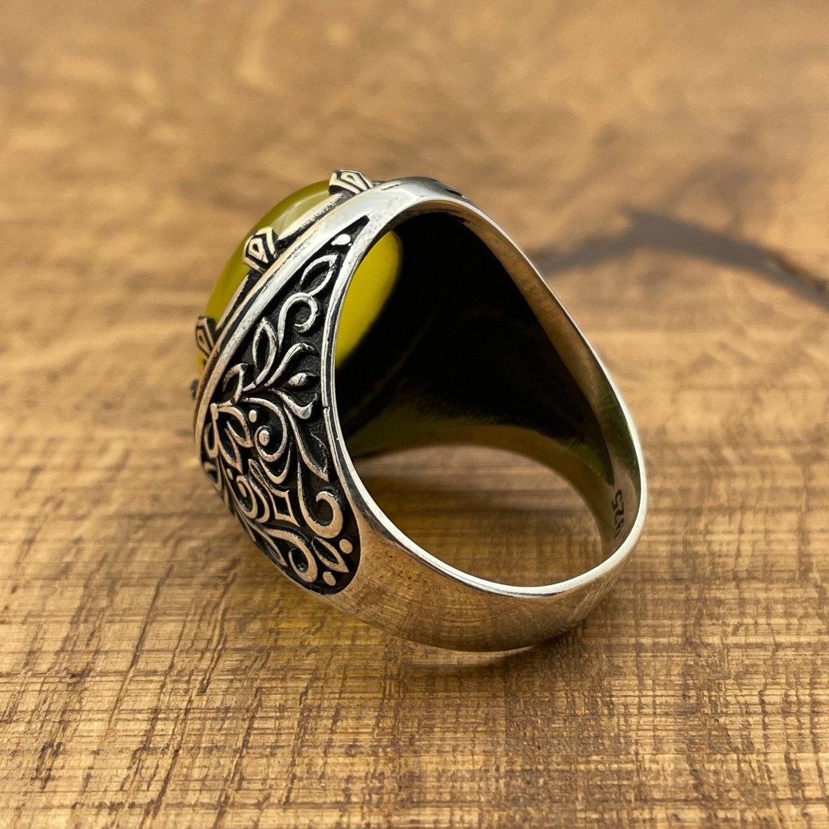 Men's Yellow Agate Stone Silver Ring