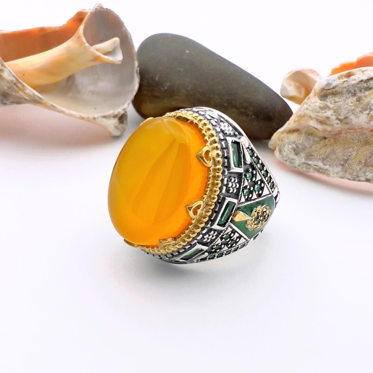 Men's Yellow Agate Stone Silver Ring