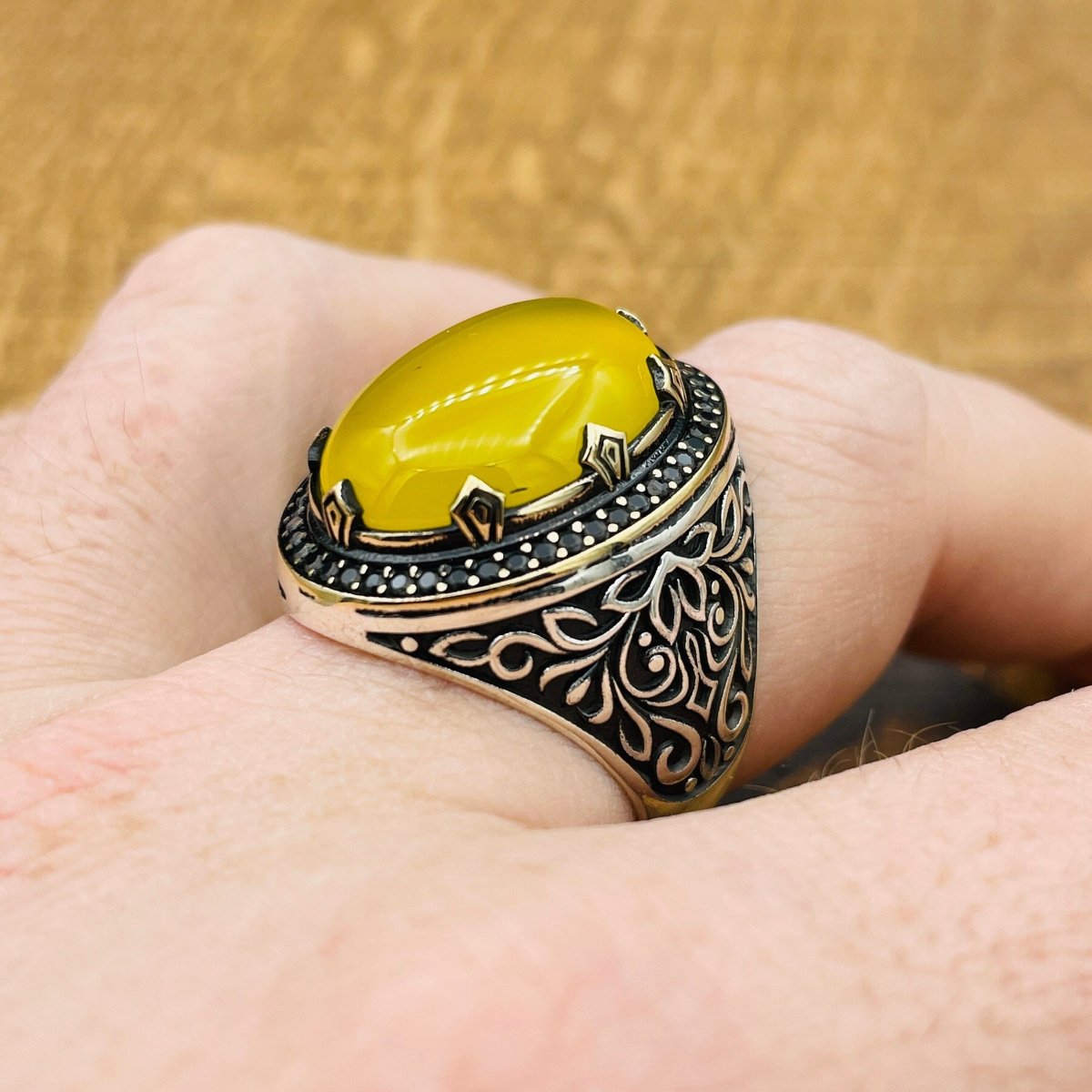 Men's Yellow Agate Stone Silver Ring