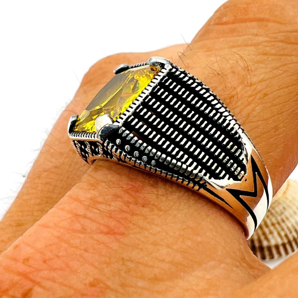 Men's Yellow Citrine Stone Silver Ring