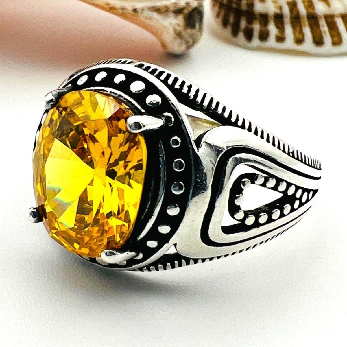 Men's Yellow Citrine Stone Silver Ring