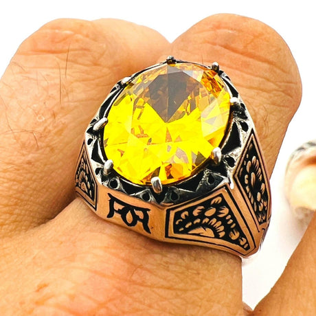 Men's Yellow Citrine Stone Silver Ring