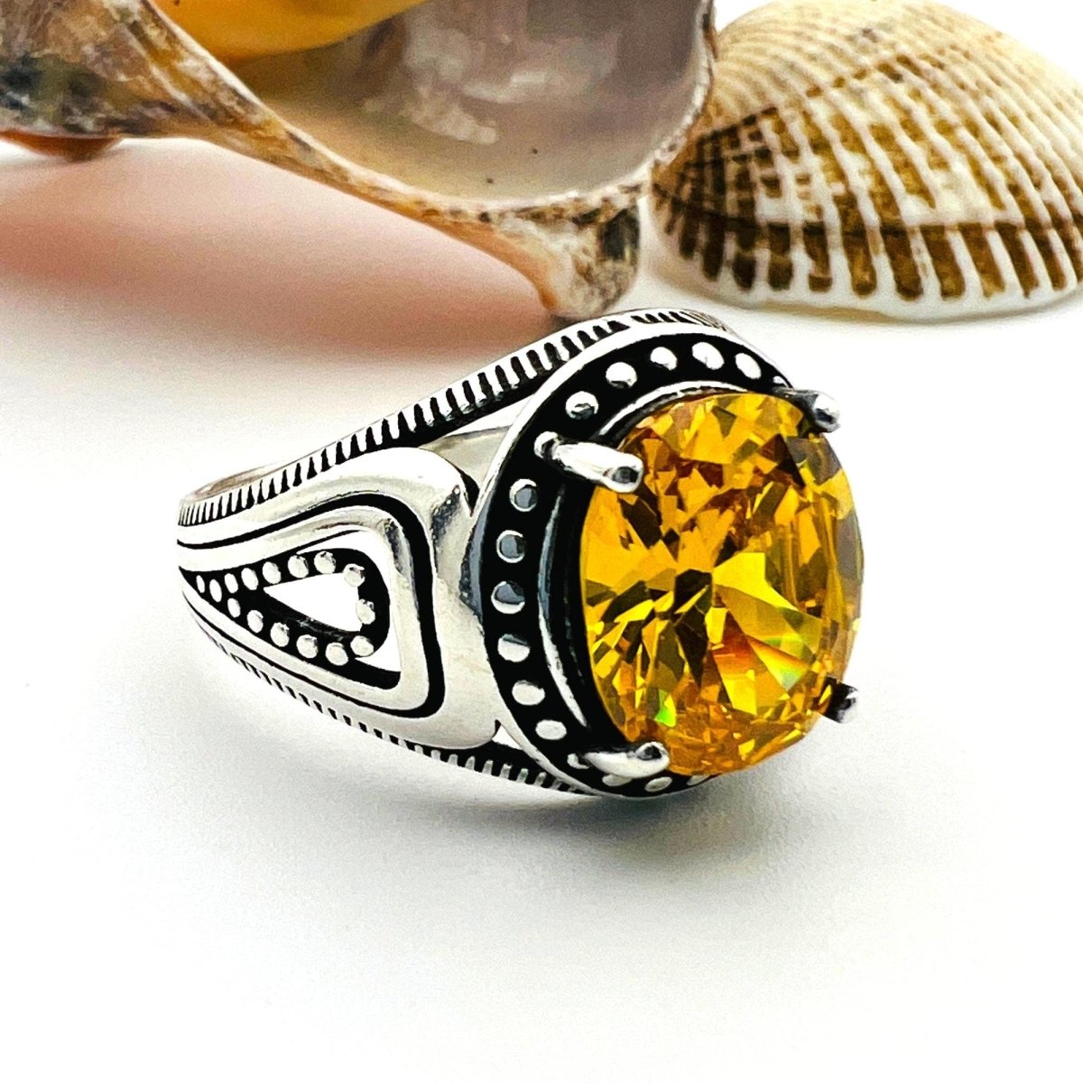 Men's Yellow Citrine Stone Silver Ring