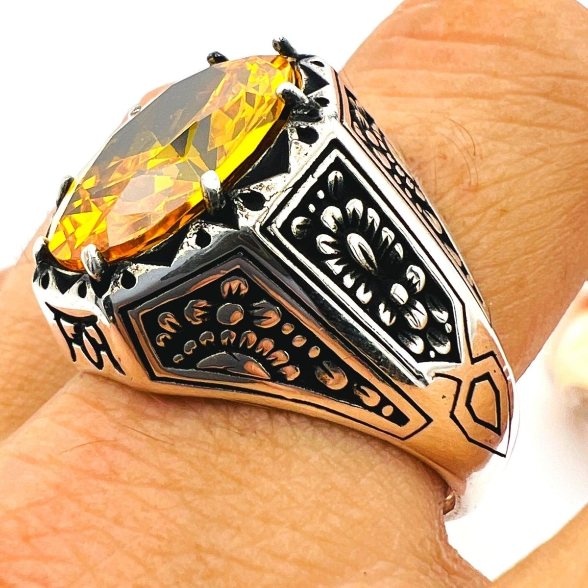 Men's Yellow Citrine Stone Silver Ring