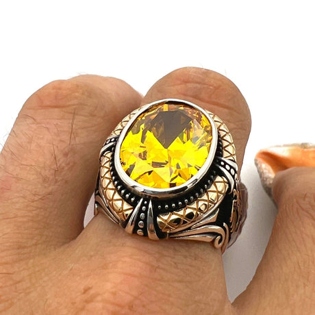 Men's Yellow Citrine Stone Silver Ring - TryAladdin