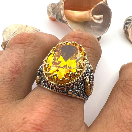 Men's Yellow Citrine Stone Silver Ring