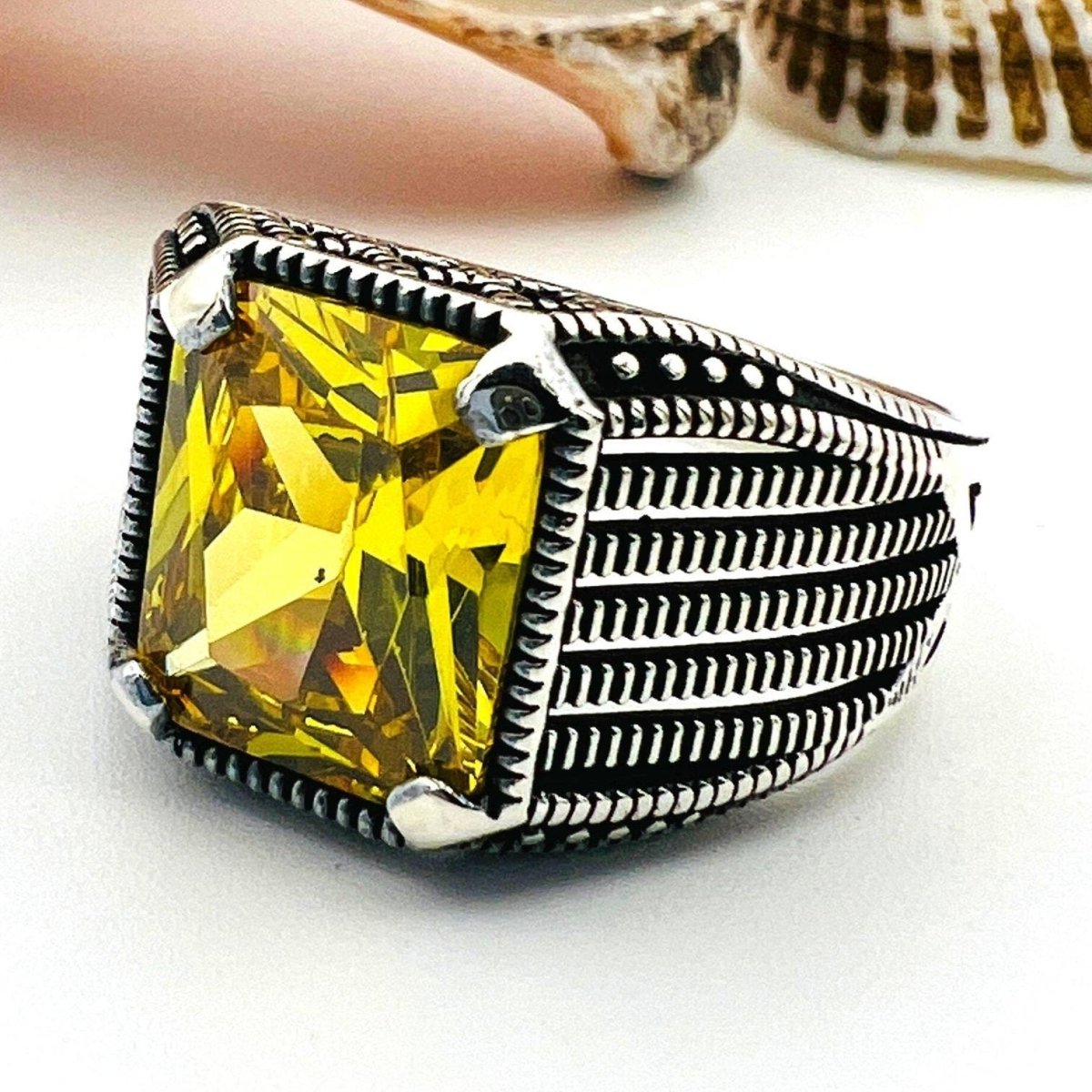 Men's Yellow Citrine Stone Silver Ring