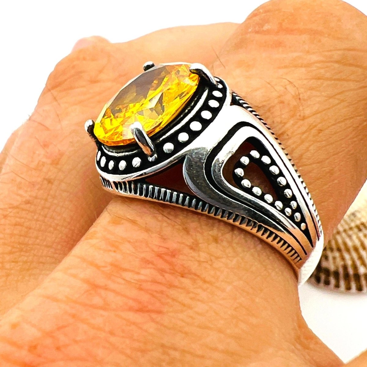 Men's Yellow Citrine Stone Silver Ring