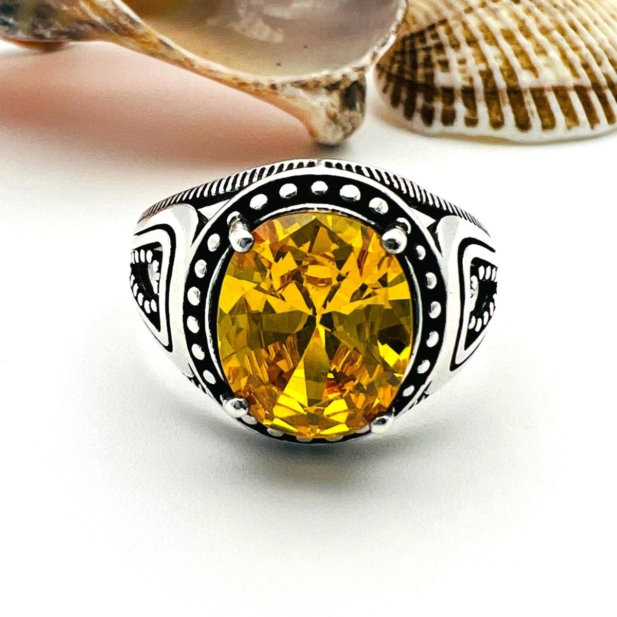 Men's Yellow Citrine Stone Silver Ring