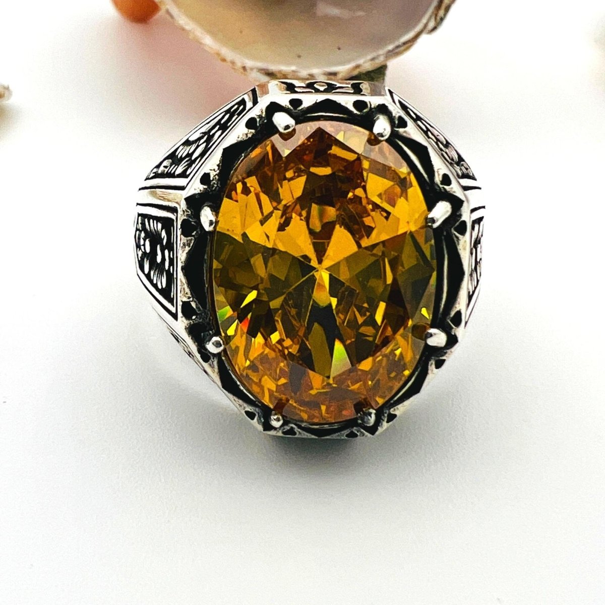 Men's Yellow Citrine Stone Silver Ring