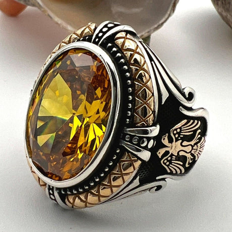 Men's Yellow Citrine Stone Silver Ring