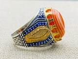 Men's Yemeni Aqeeq Stone Orange Silver Ring