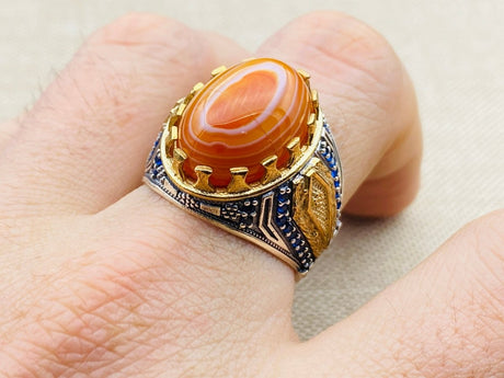 Men's Yemeni Aqeeq Stone Orange Silver Ring