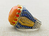 Men's Yemeni Aqeeq Stone Orange Silver Ring