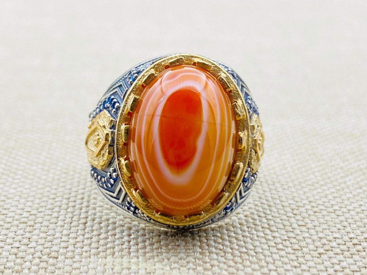 Men's Yemeni Aqeeq Stone Orange Silver Ring