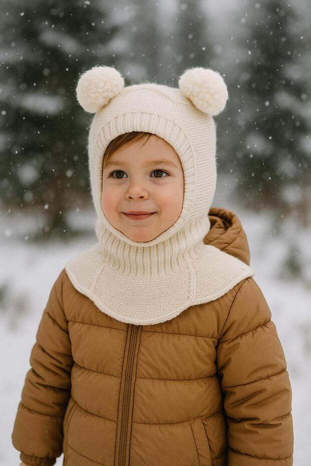 meric bebe Kids Seamless Knitted Pom - Pom Balaclava Hat (0 - 2 Yrs) - TryAladdin