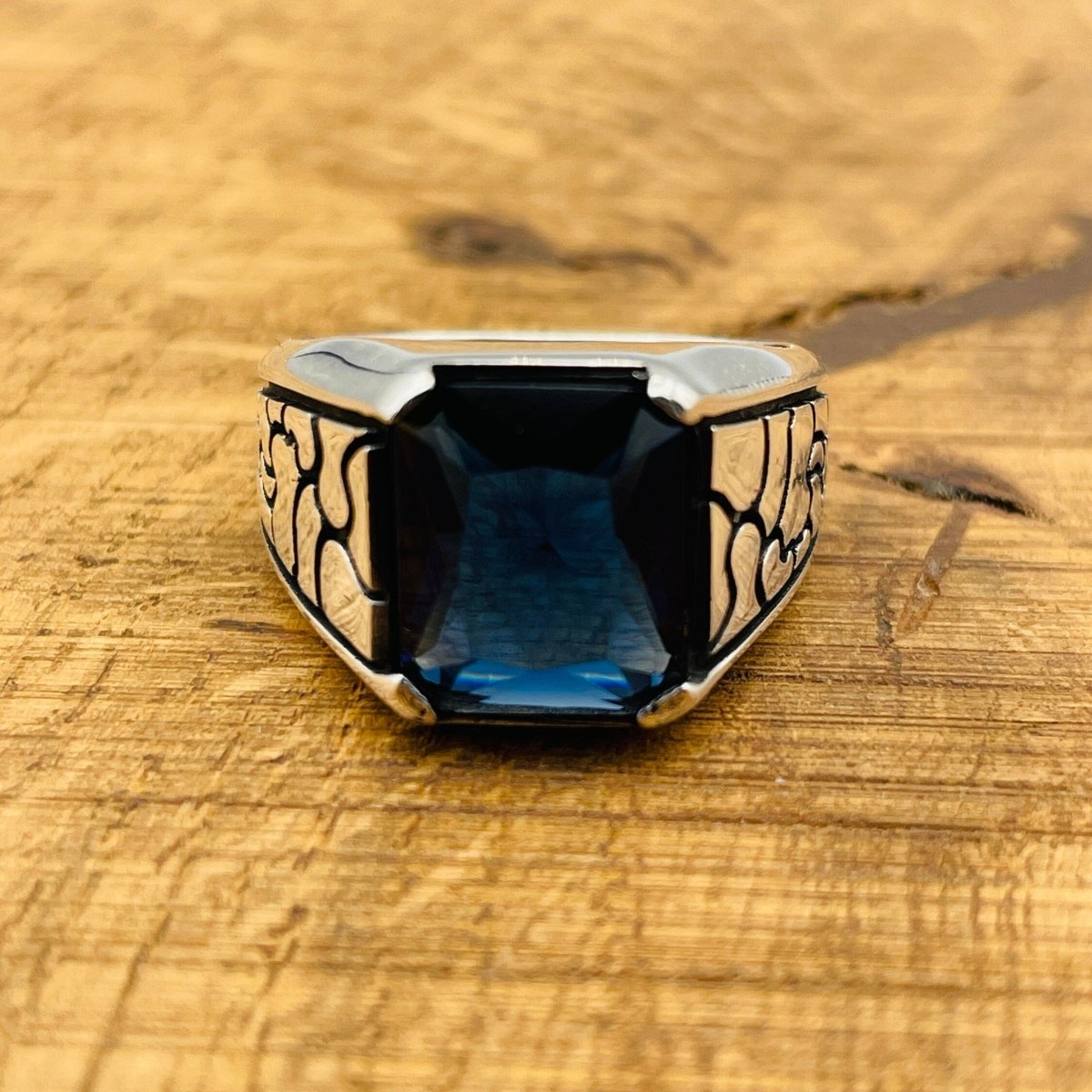 Minimalist Square Blue Sapphire Men's Ring