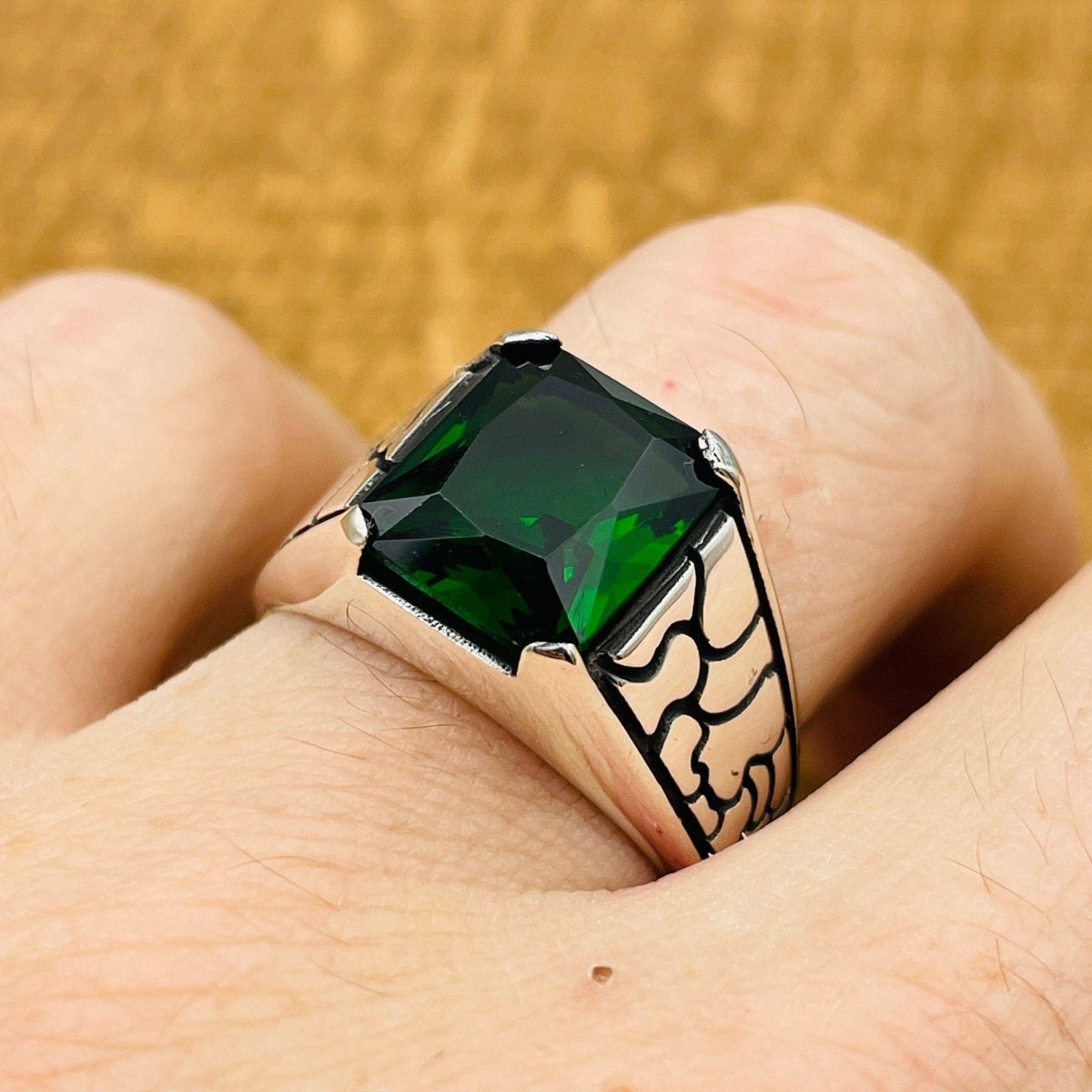 Minimalist Square Green Emerald Stone Men's Ring