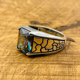 Minimalist Square Multicolor Mystic Topaz Stone Puzzle Patterned Men's Ring - TryAladdin