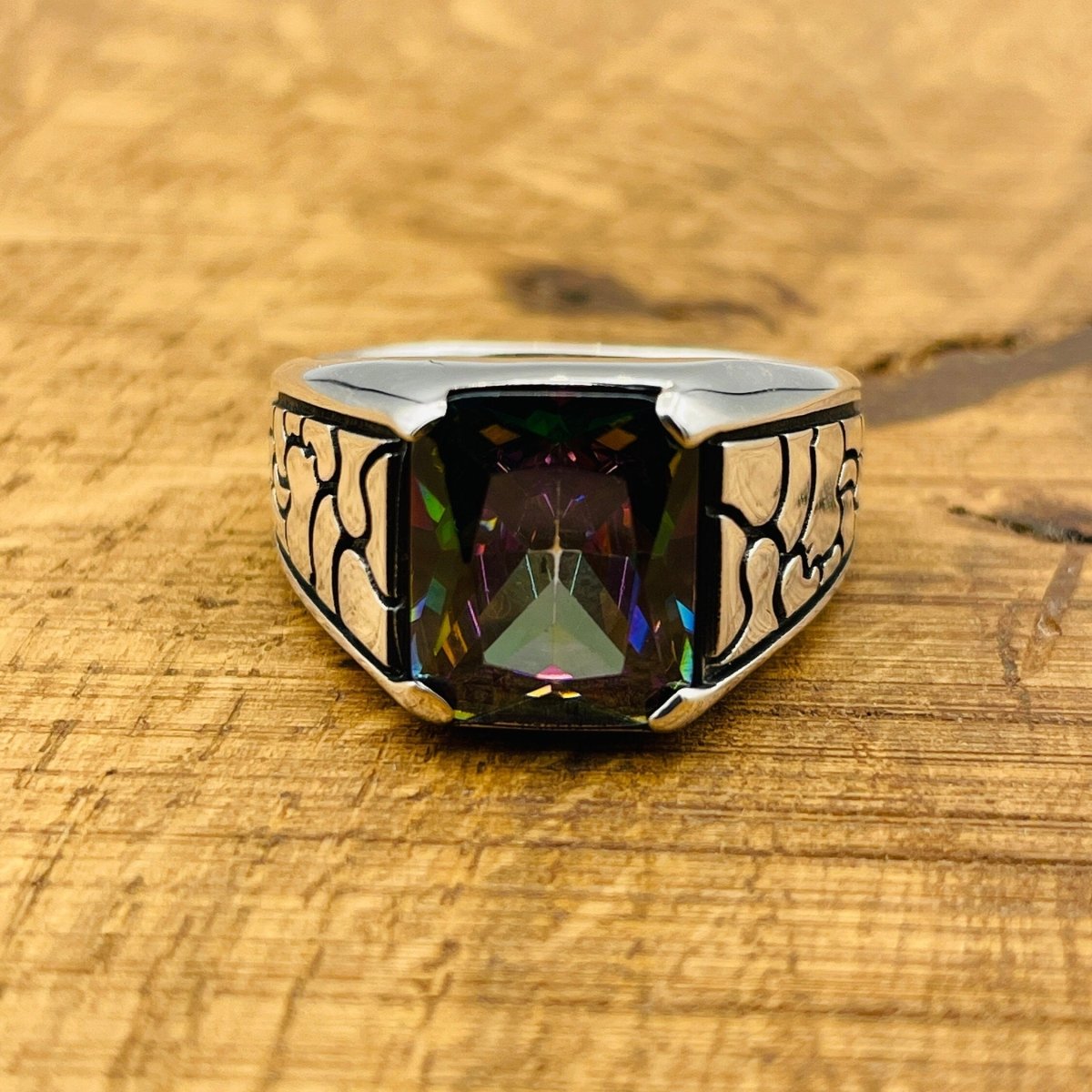 Minimalist Square Multicolor Mystic Topaz Stone Puzzle Patterned Men's Ring - TryAladdin