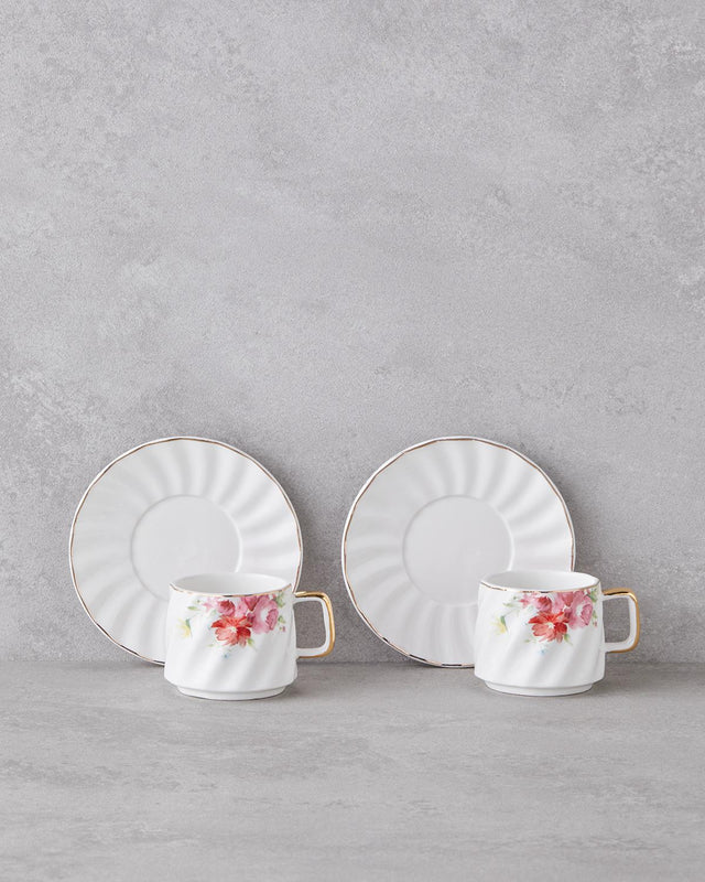 Premium New Bone China Coffee Cup Set - 4 Piece Floral Design